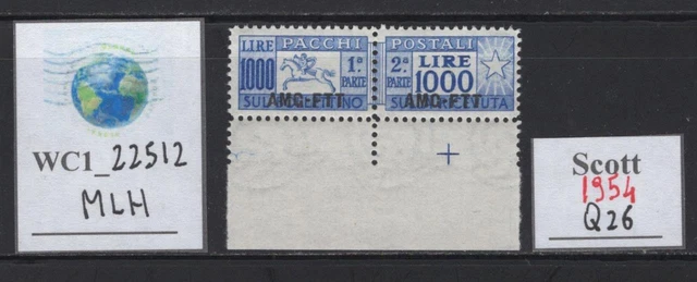 WC1_22512.TRIESTE FTT. 1000 Lire CAVALLINO 1954 parcel post stamp. Sc. Q26. MLH