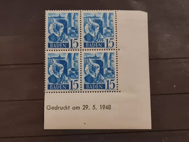 Frz. Zone postfrisch - Baden MiNr 19 Bru - Druckdatum 29.5.1948 vom B-Bogen