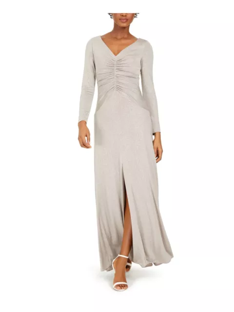 ELIZA J Womens Ruched Slitted Long Sleeve V Neck Full-Length Evening Dress