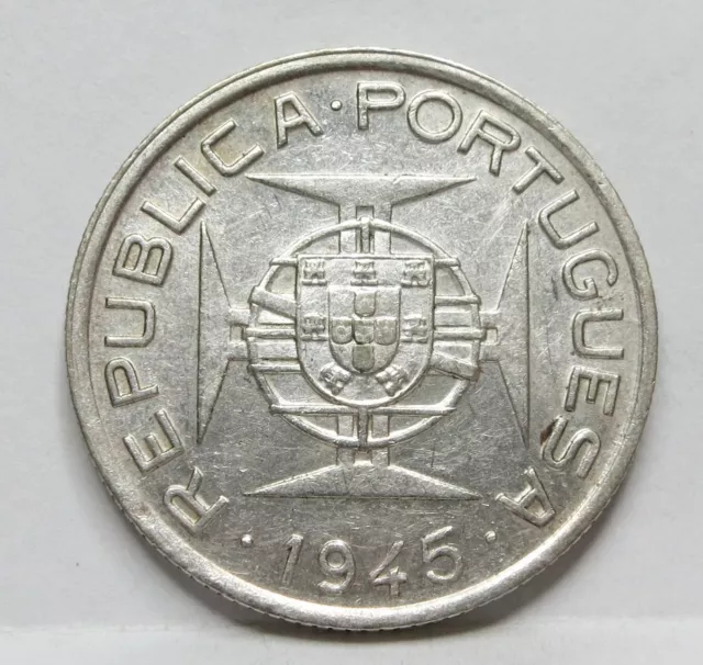 TIMOR Portuguese Colonia Portugal 50 Avos 1945 About UNC Silver Cross RARE #F37 2