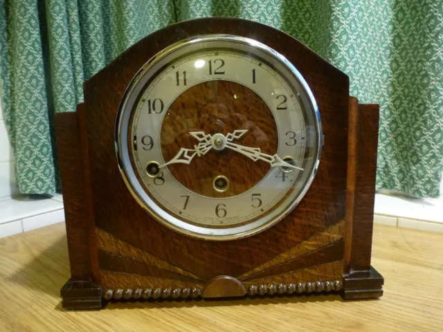 Vintage Art Deco Enfield Mantel Clock Oak Westminster Chime Working Condition