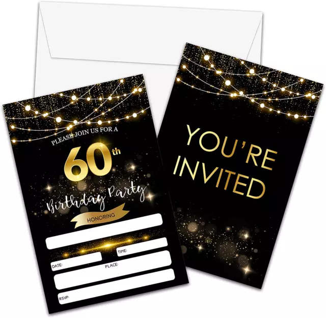 60th Birthday Invitations with Envelopes - Black Gold Glitter Fill-in Invites...