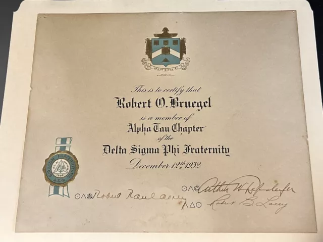 1932 Delta Sigma Phi Fraternity Certificate