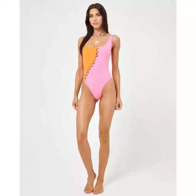 L*Space Solstice One Piece Swimsuit Colorblock Tangerine-Guava Size S NWT