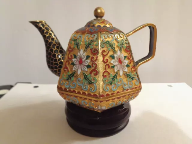 Vintage Chinese Cloisonne Enameled 6-Faceted Brass Teapot 4''