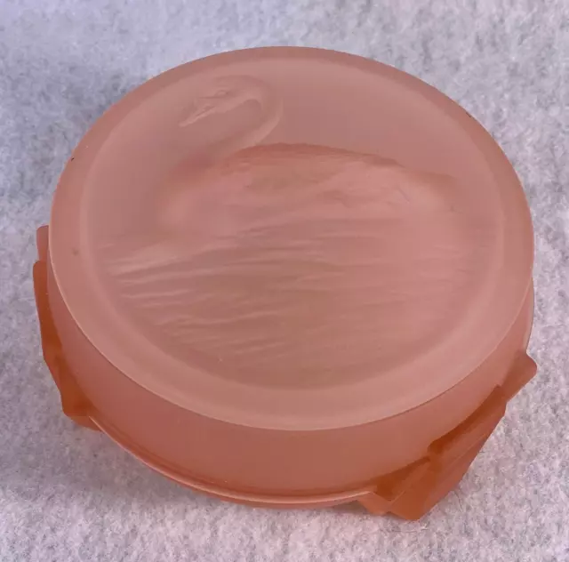 Vintage Frosted Pink Depression Glass Trinket Box Footed w/ Swan Etched Lid