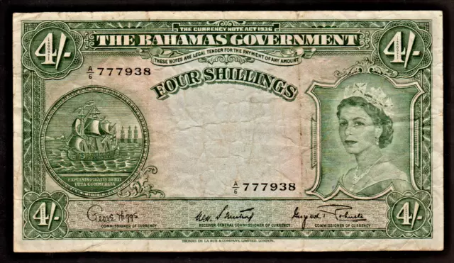 Bahamas VF Note 4 Shillings ND 1953 P-13d QEII