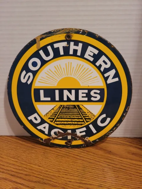 (Vtg) Southern Pacific Railway Porcelain Sign Railroad Train Station Gas Oil