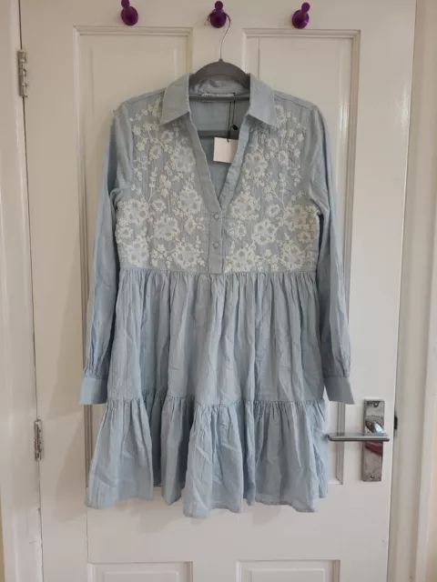 Bnwt Zara Ladies Embroidered Long Cotton Shirt Tunic short Dress  Size XS.