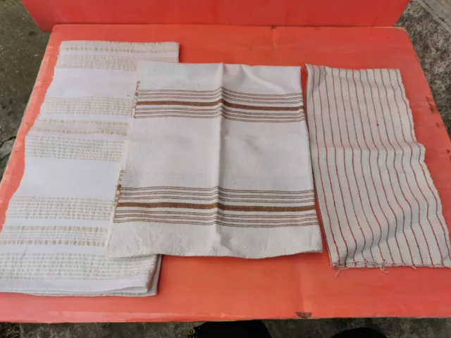 Old Antiques Primitive Hand Wooven Homespun Towels Cotton - Lot Ot 3 Big