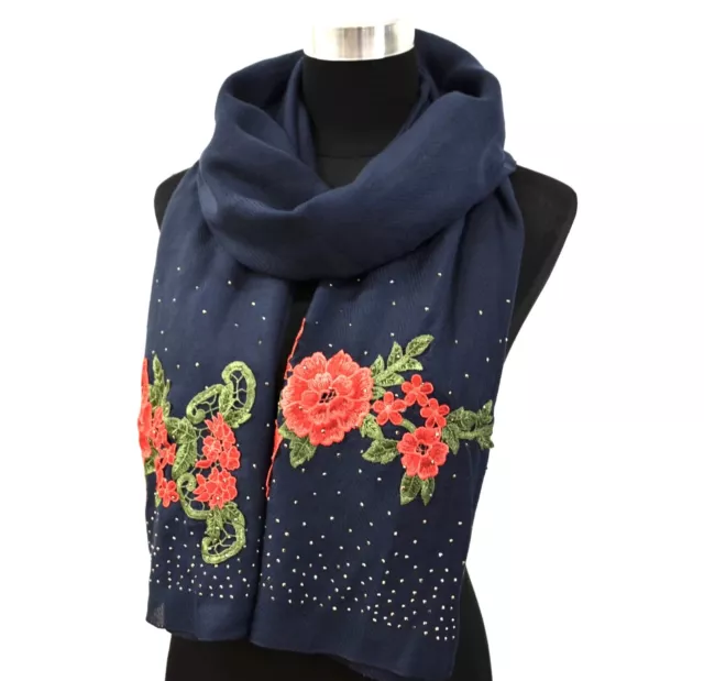 PSV135 - Foulard Long Automne Hiver Crêpé Uni avec Broderies Fleurs et Clous ... 2