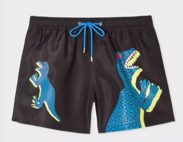 PAUL SMITH Black DINO Dinosaur Print Men’s Swim Trunks M  NEW Ltd Ed $175