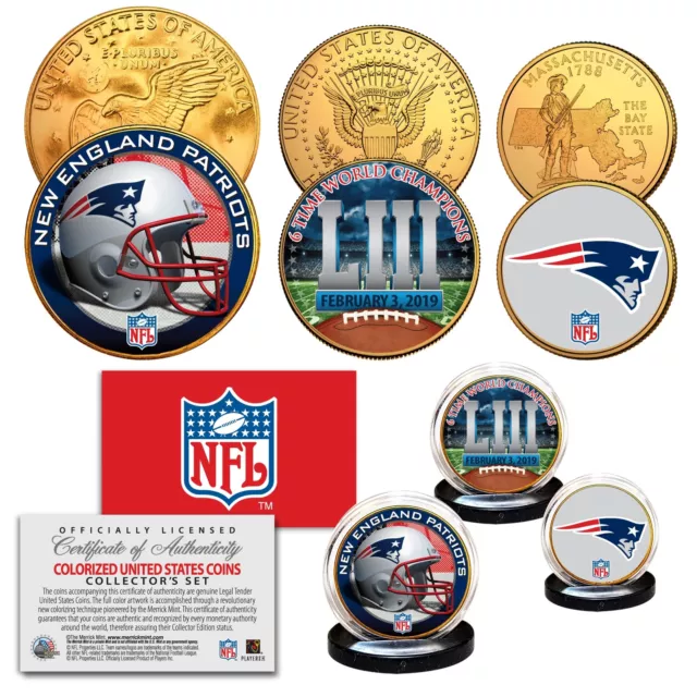 SUPERBOWL LIII NFL CHAMPIONS New England Patriots 3-Coin 24K Gold Clad Logo Set