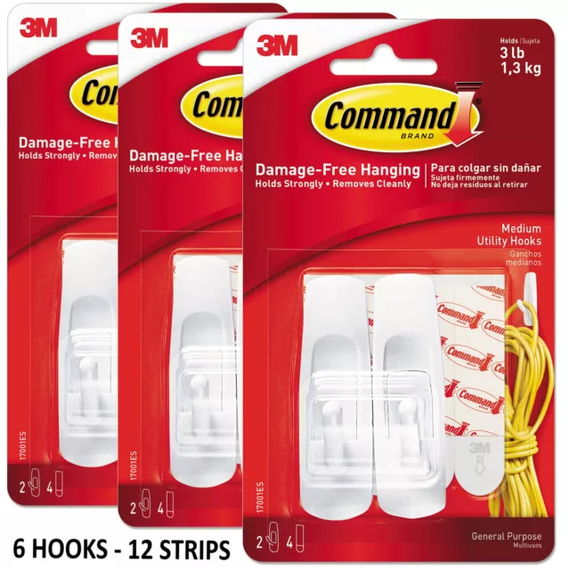 Command General Purpose Hooks Medium 3 lb Cap White 6 Hooks and 12 Strips/Pack