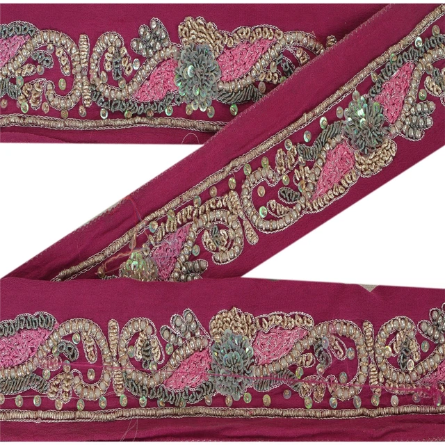 Sanskriti Vintage Decor Sari Border Hand Beaded Trim Craft Ribbon Pink Lace