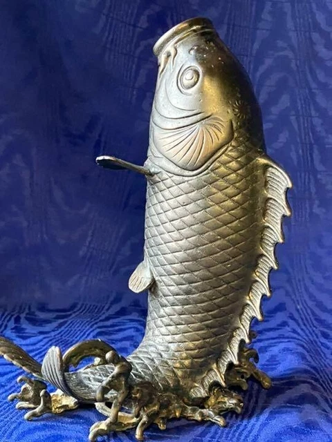 JAPANESE ANTIQUE Takaoka Brass KOI FISH VASE Usubata Hanaire Ikebana Object