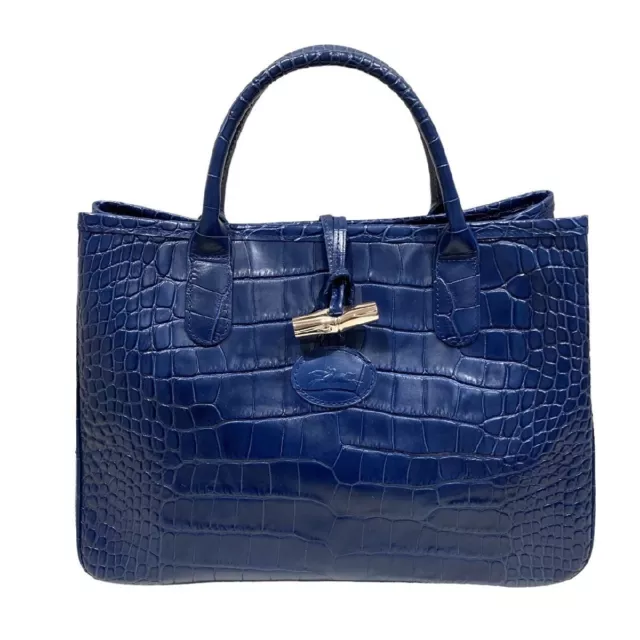 LONGCHAMP Roseau Crocodile Embossed Blue Leather HandBag With Dustbag from japan