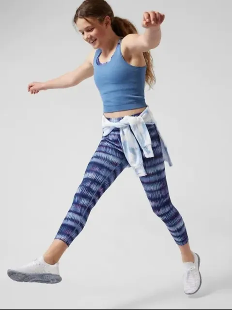 NWT Athleta GIRL High Rise Chit Chat Capri L/12 Blue Tie Dye Tight $44