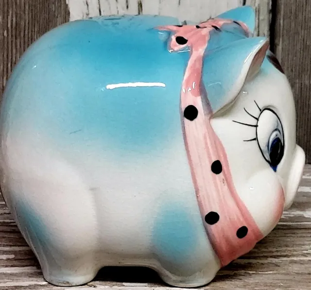 Vintage Whimsical Ceramic Piggy Bank Japan Blue Pink Polka Dot Bow