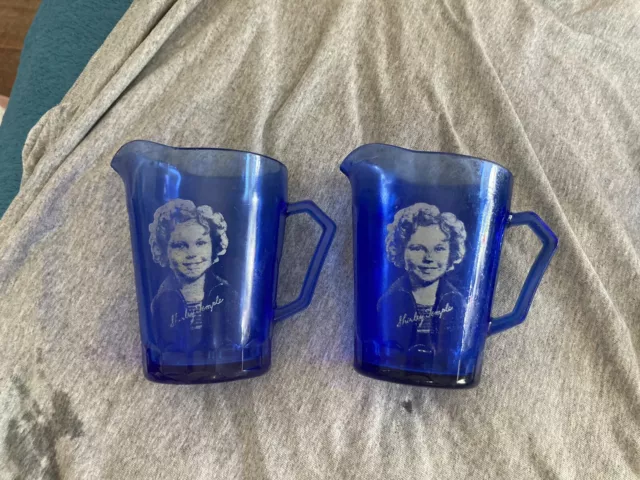 Shirley Temple Cobalt Blue Vintage Glass 4" Mini Pitcher Set Of 2!!!