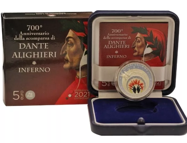 Italia 2021 Anniversario Dante Alighieri Inferno Moneta Argento 5 Euro Astuccio
