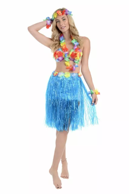 Hawaiian Grass Skirt Lei Flower Garlands Tropical Fancy Dress Party 6 peice set