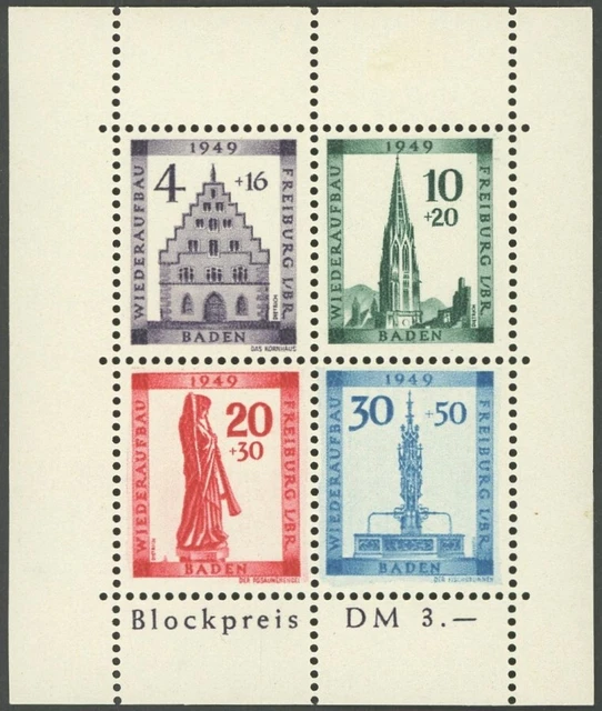 BADEN 1949, Bl. Freiburg, gez., mit Abart Sirene neben Sockel des Engels, postfr