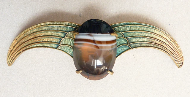 Broche en métal doré et agate ART NOUVEAU vers 1900 insecte chauve souris email