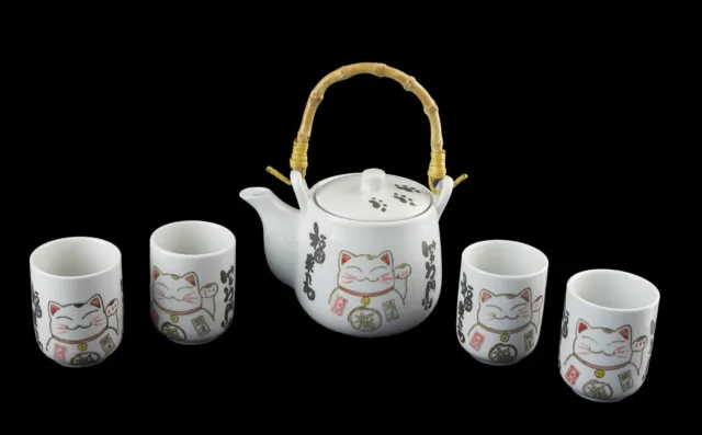 Coffret Chat Japonais Service à Thé Maneki Neko Théière 4 Tasses blanches 40679