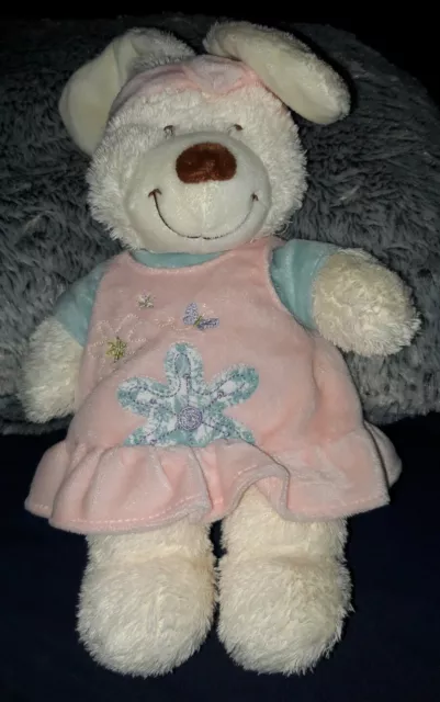 DOUDOU PELUCHE TEX BABY LAPIN BLANC BANDEAU ROBE ROSE BLEU 26 cm sans oreilles