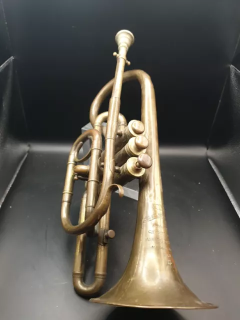 Rare Trompette Cornet Chapuis Armee Molleton Respaud Etui Cuir Embouti