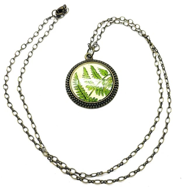 Fern Bubble Charm Necklace Antique Gold Tone Nature Garden Trees Flowers Flora
