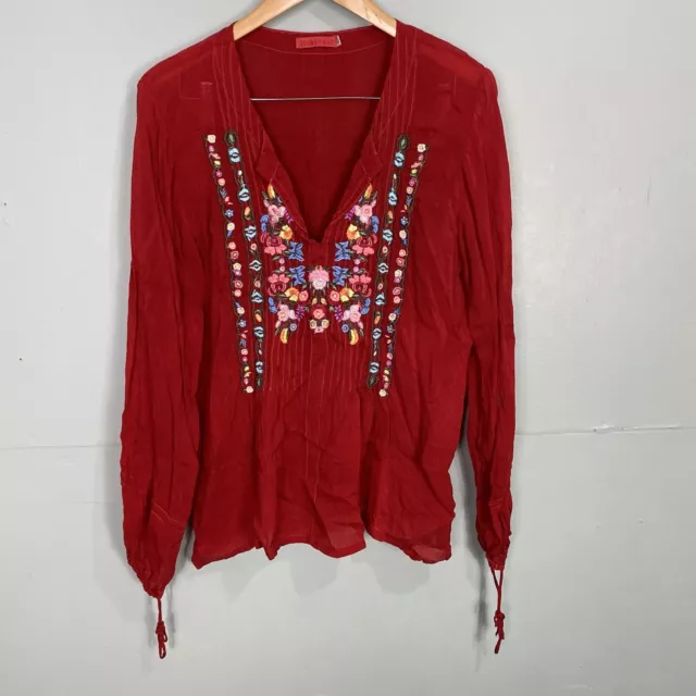 Johnny Was Red Long Sleeve Embroidered Floral Top Sz L