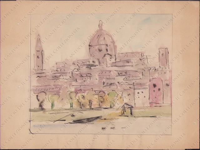 Disegno veduta di Roma Cupola basilica Acquerello