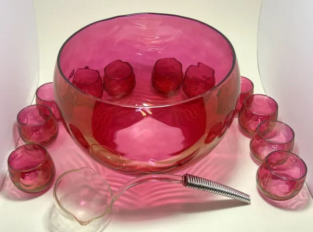 Vintage Retro Cranberry Red Tone Glass Punch Bowl Set With 11 Cups Plus Ladle