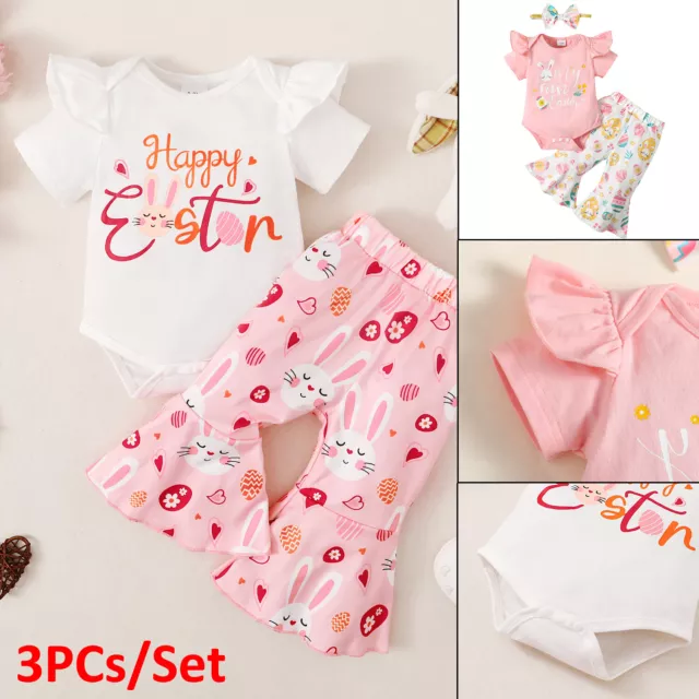 Newborn Baby Girls Happy Easter Clothes Set Romper Floral Pants Headband Outfit