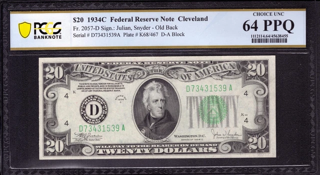 1934 C $20 FEDERAL RESERVE NOTE CLEVELAND FR.2057-Dob OLD BACK PCGS B CU 64 PPQ