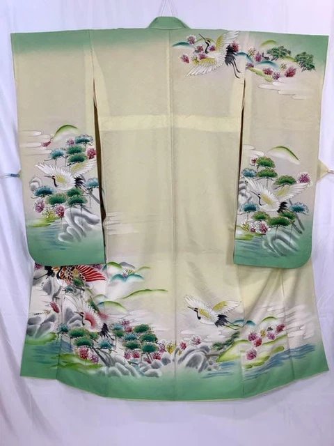 "FURISODE" Japanese Silk KIMONO long sleeves Crane pine cream color H158cm #29