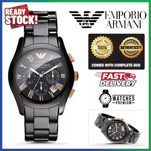 New Genuine Emporio Armani Ceramic Ar1410 Black With Rose Gold Tone Mens Watch