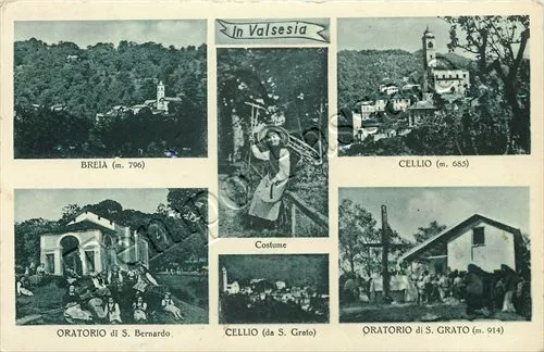 Cartolina di Cellio e Breia, panorama e oratorio - Vercelli, 1954