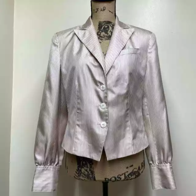 Jones New York 100% Silk Pink Blazer Black Pinstripes Ladies Size 8 Tri Button