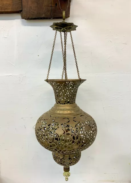 Vintage Pierced Brass Moroccan / Persian Pendant Teardrop Light Lantern