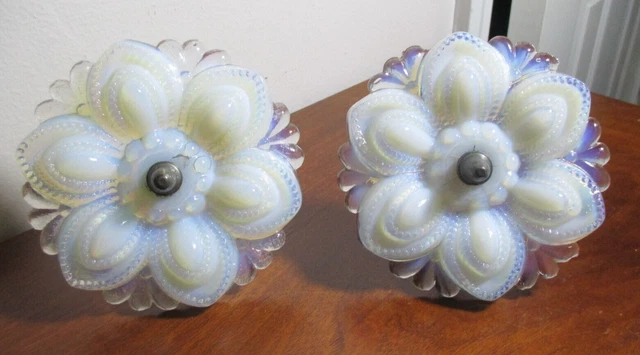 Set 2 Antique Victorian White Opalescent Glass Curtain Tie Backs 4.5" w/Hardware