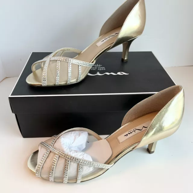 New w/ Box Nina Womens Corita Leather Sole Open Toe Rhinestone Pump Size 8.5M