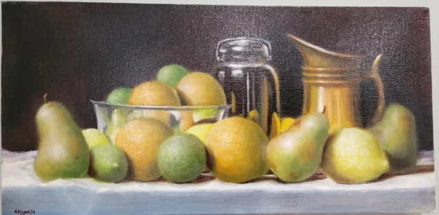 Oil Painting Fruit with.. Richard Edward Finger Trompe L'oeil Sfumato Still Life