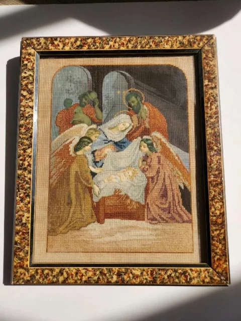 Antique European 1800's Framed Needlepoint Of The Nativity