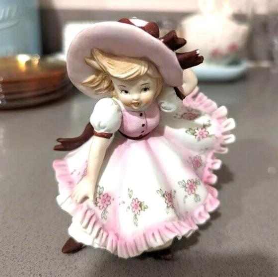 Vintage Lefton Pink Bonnet In The Wind Girl Big Skirt Bloomers Figurine Kw 3701