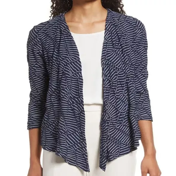 Nic+Zoe Size L Women's Mixed Line 4 Way Open Front Navy White Knit Cardigan NWT