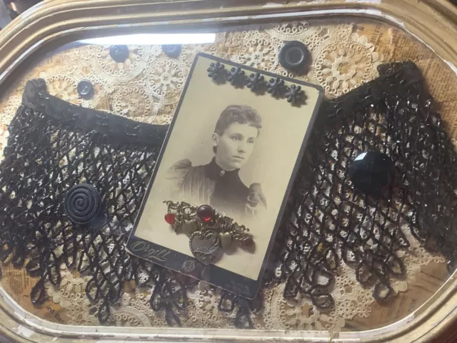 Framed under Dome Glass "Mourning" Made w/ Vintage Items Artist Sarah Laster
