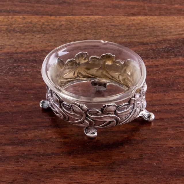 German Art Nouveau 800 Silver & Glass Footed Salt Cellar Buds Stalks No Monogram